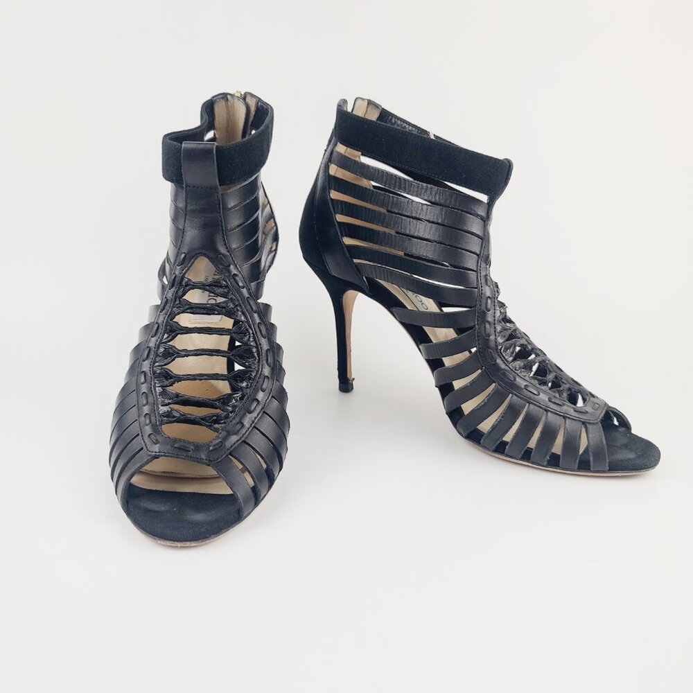 JIMMY CHOO Heels Black Gladiator Multistrap Caged Sandals Size 38 Retail $1050 - Picture 4 of 8